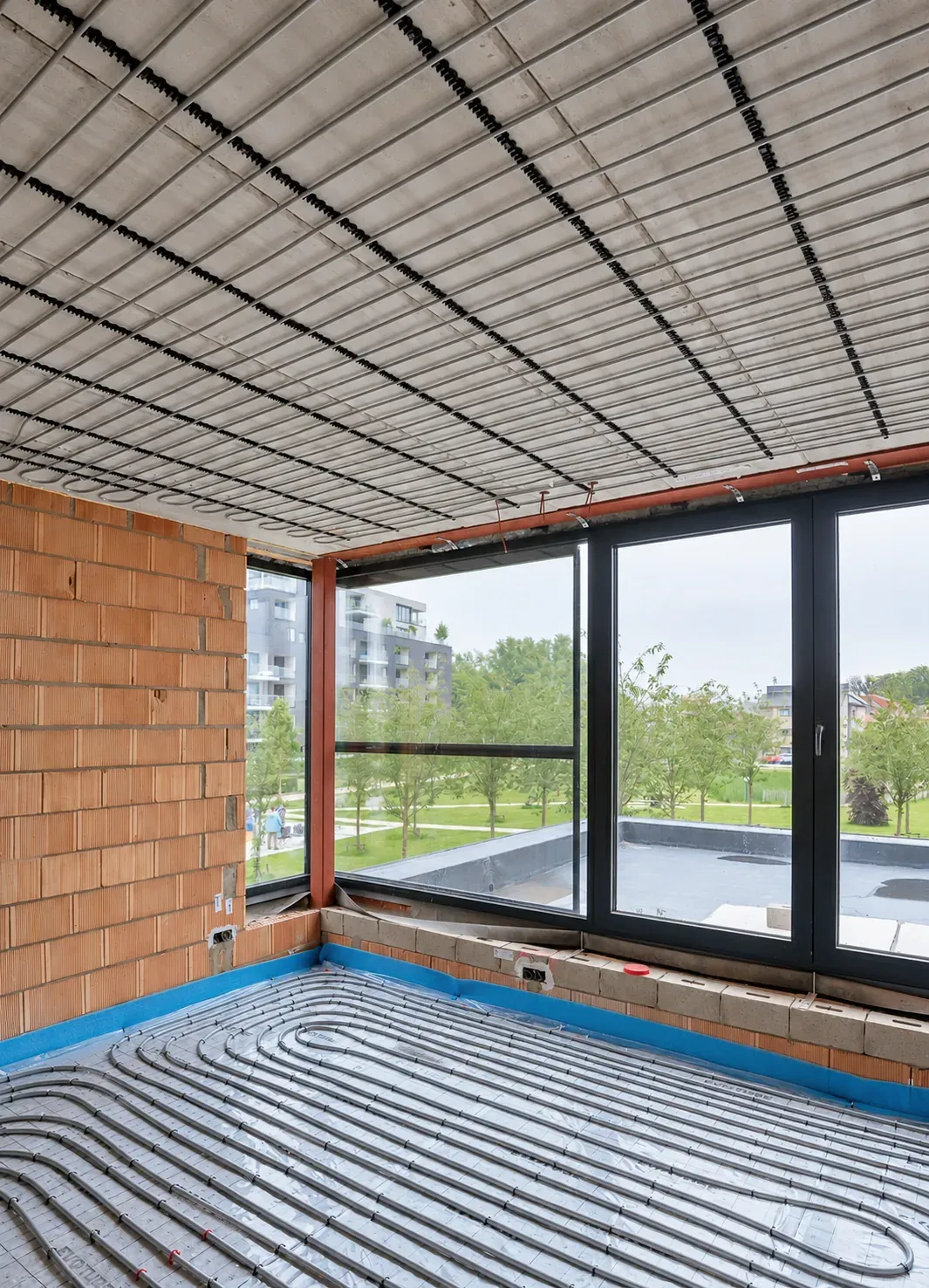 Klimaatplafond in opbouw met leidingen tegen het plafond en vloerverwarming op de vloer