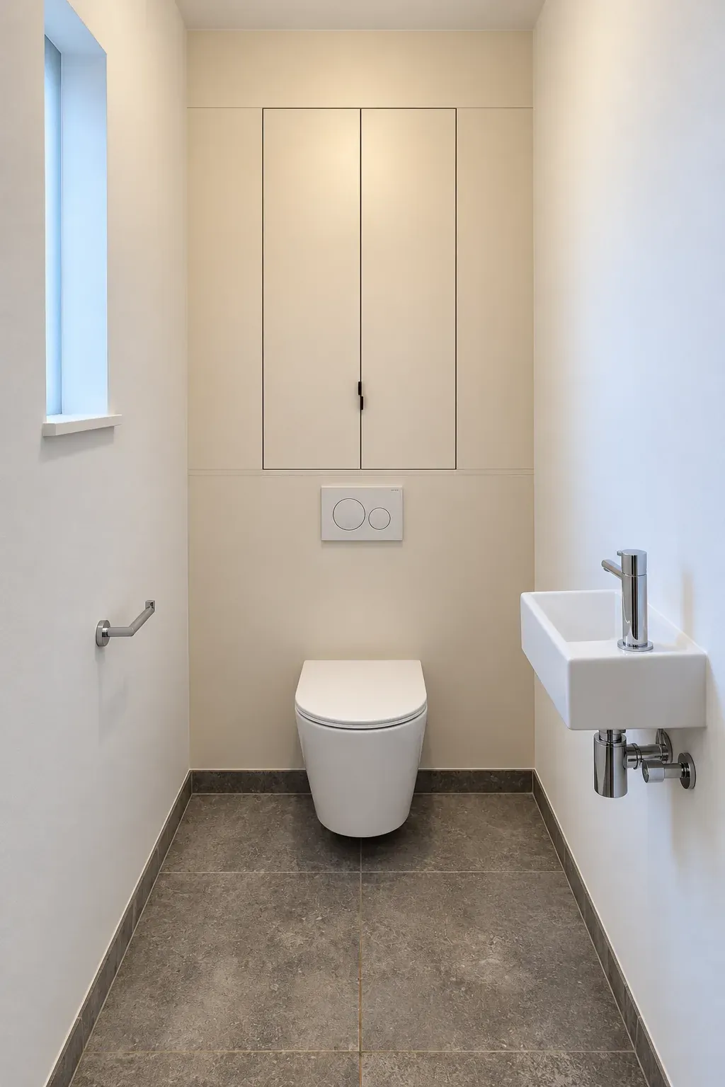Toilet met hangend wc, fonteintje en ingebouwde kast