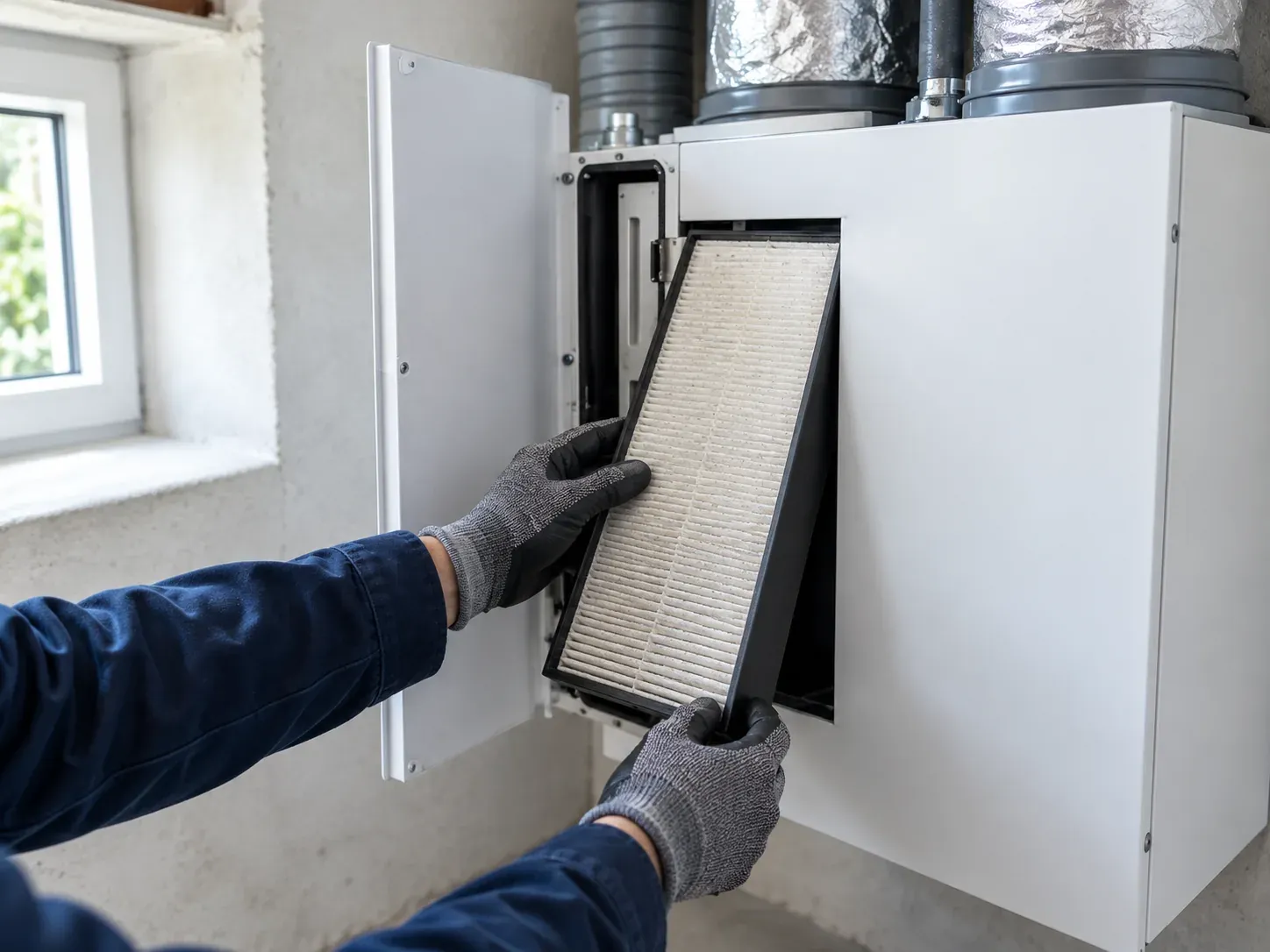 Technicus vervangt de filter van een ventilatie-unit