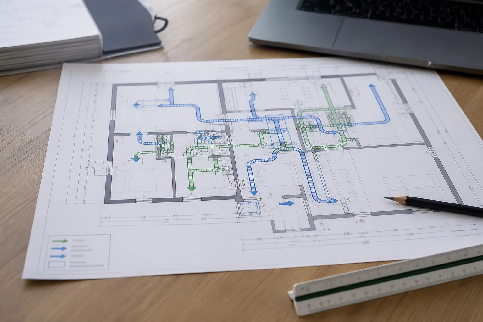 Ventilatieplan van een woning met luchtstromen op een architectentekening