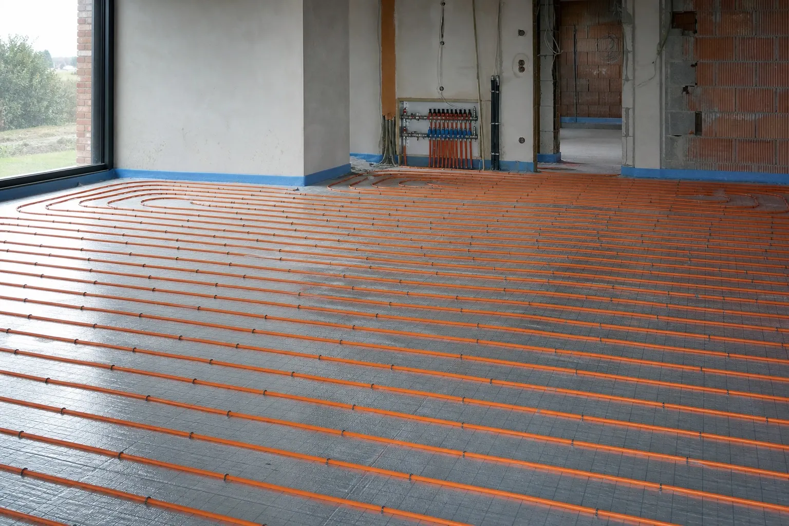 Vloerverwarming in opbouw met oranje buizen op isolatieplaten