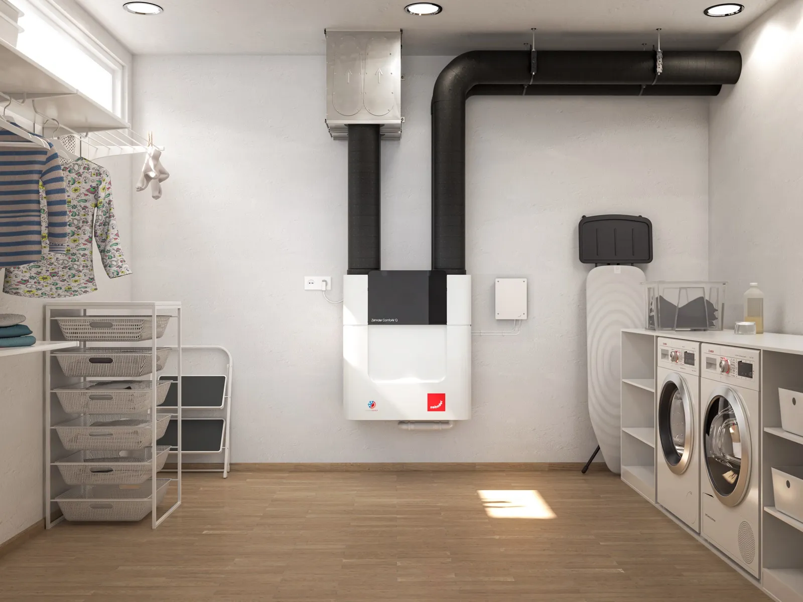 Zehnder ComfoAir Q warmterecuperatie-unit aan de muur van een wasruimte, met geïsoleerde kanalen naar het plafond