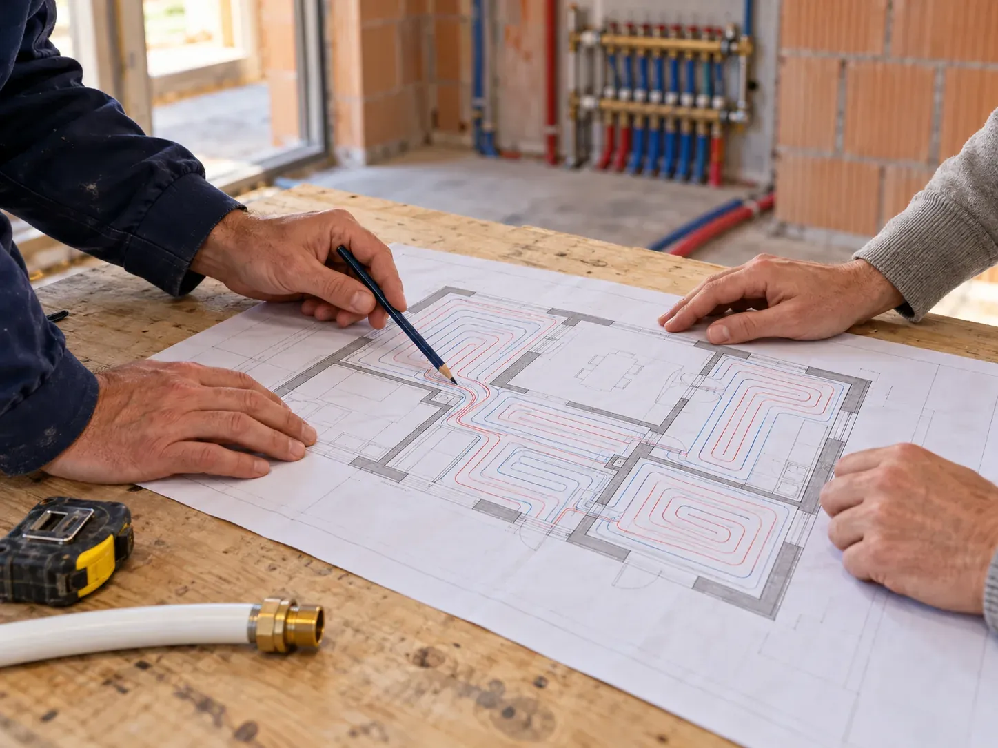 Installateur en zelfbouwer bespreken samen het plan voor de vloerverwarming.