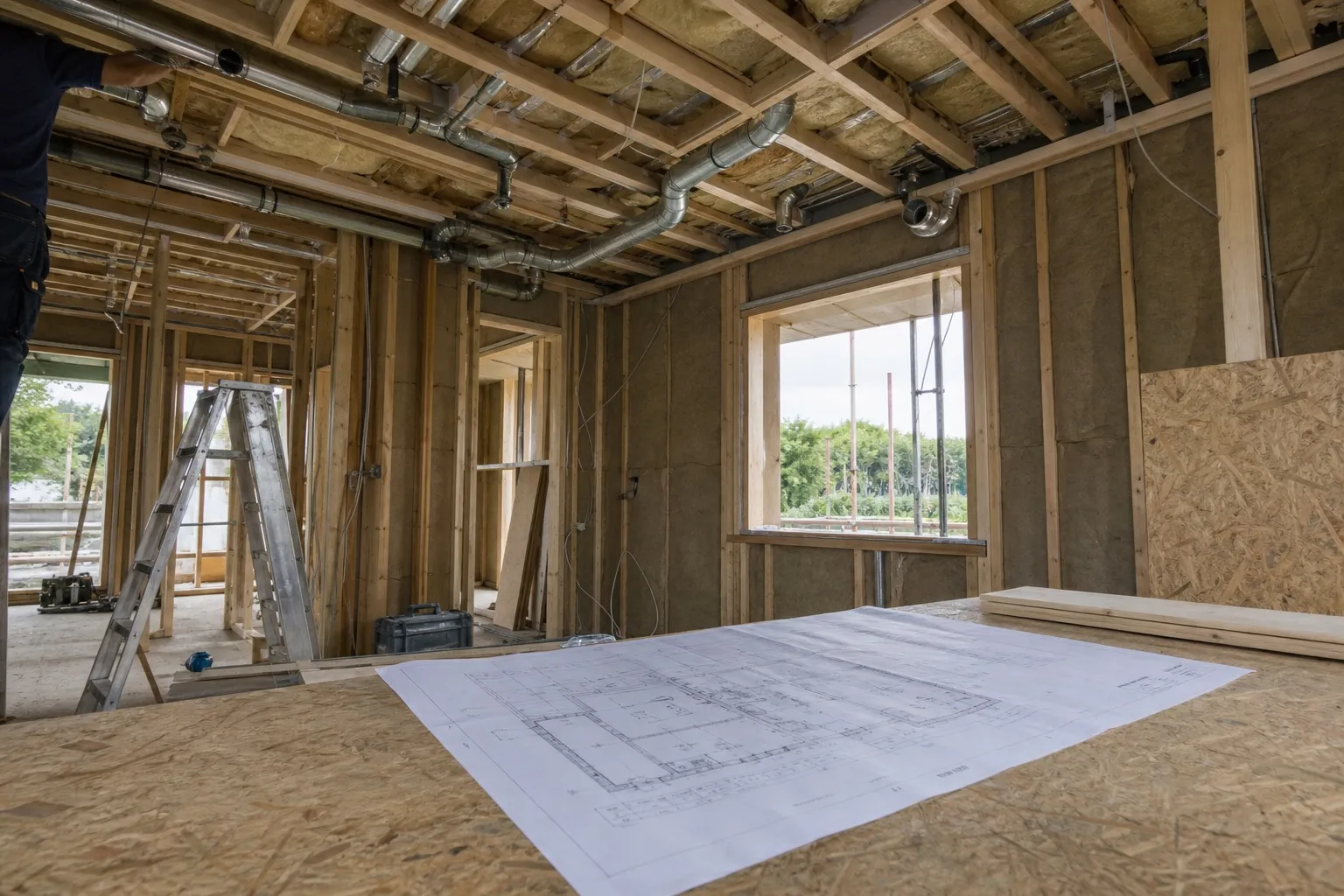 Zelfbouwproject met ventilatiekanalen in een open plafond